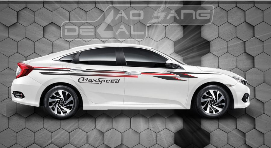 Một mẫu tem dán sườn xe ô tô dạng sọc màu kết hợp logo