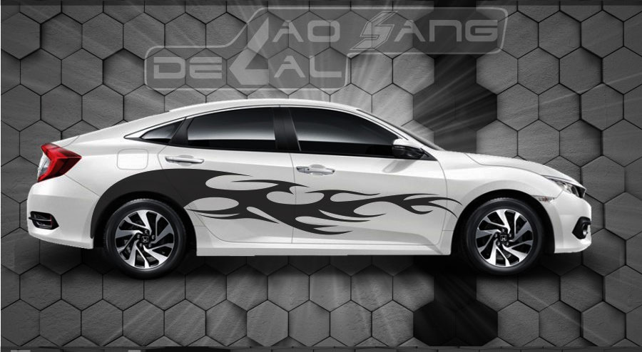 Tem dán sườn xe ô tô với đường sọc xiên và logo