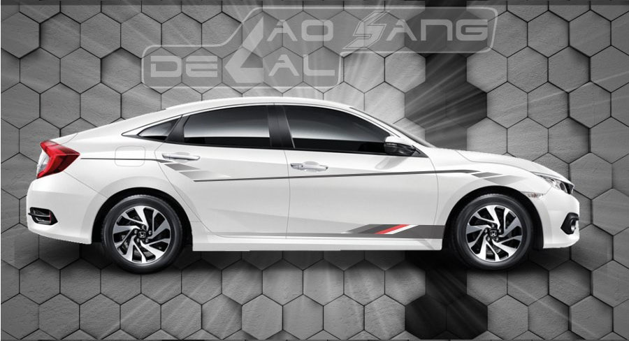 Tem dán sườn xe ô tô phong cách thể thao với sọc và chữ