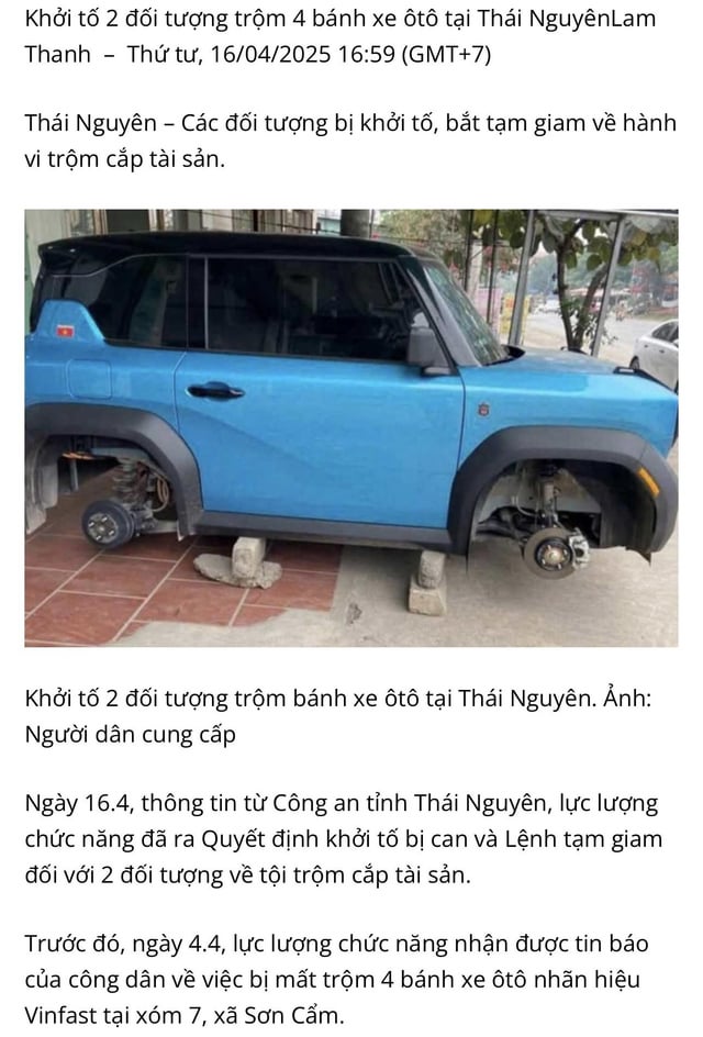 Ăn trộm xe ô tô: Công an Thái Nguyên Bắt Giữ 2 Đối Tượng Trộm Bánh Xe Vinfast