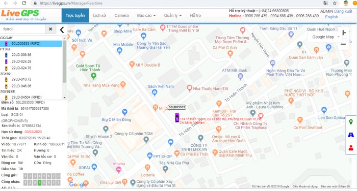 Giao diện phần mềm theo dõi định vị xe ô tô trực tuyến