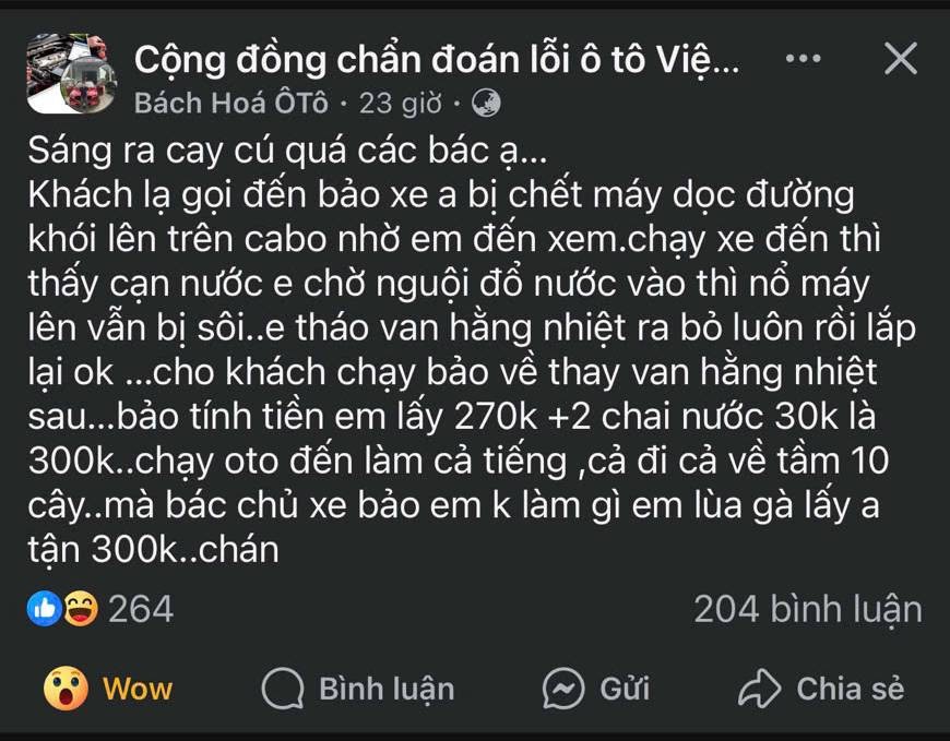 Bài đăng mạng xã hội của thợ sửa xe ô tô về tình huống bị khách chê đắt