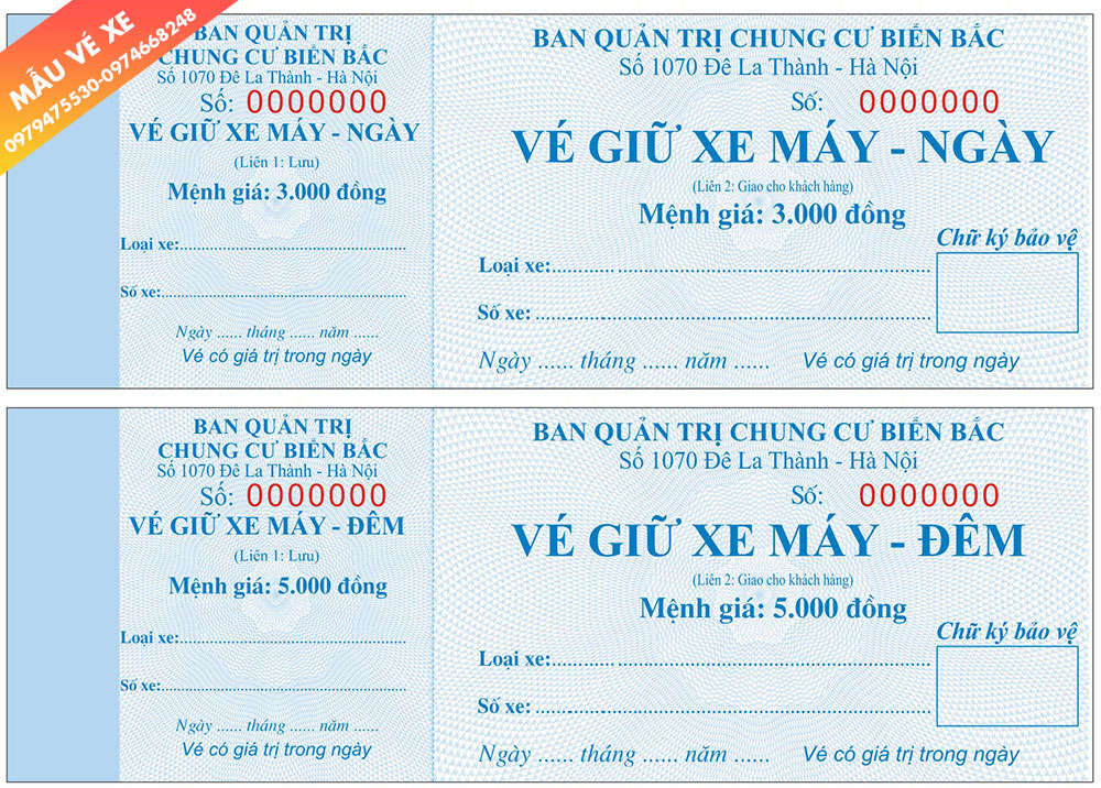 Mẫu vé xe ô tô chung cư ngày và đêm