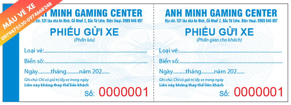 Mẫu vé xe ô tô cho quán game ANH MINH GAMING CENTER