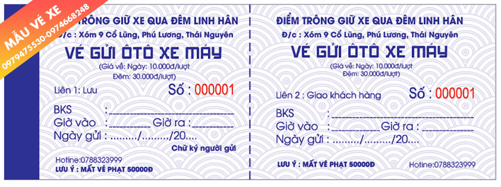 Mẫu vé trông giữ xe ô tô bãi đêm ngày Dat Viet