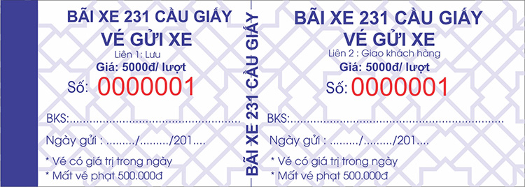 Mẫu vé xe ô tô bãi xe 231 Cầu Giấy