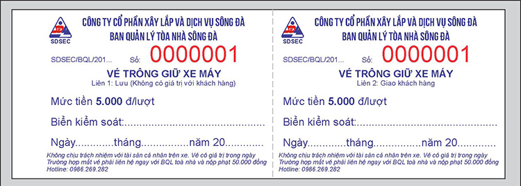 Mẫu vé trông giữ xe ô tô lượt HH4 Sông Đà