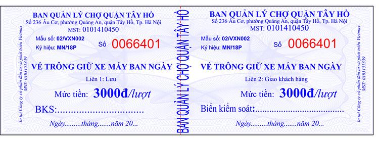 Mẫu vé xe máy và ô tô ngày đêm Tây Hồ