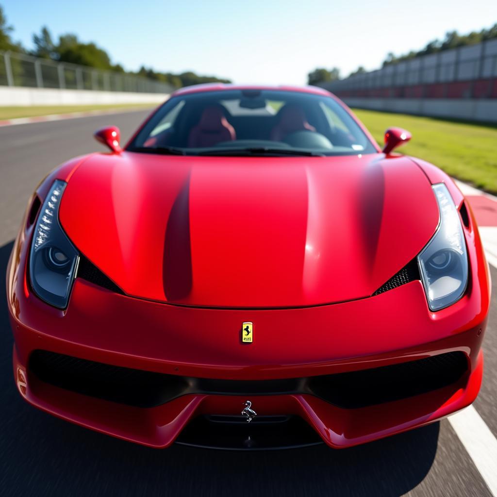 Xe ô tô logo con ngựa Ferrari đỏ chạy trên đường, biểu tượng của tốc độ và hiệu suất