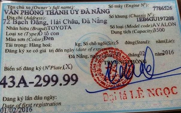 Giấy đăng ký xe ô tô biển số 43A-299.99 của Thành ủy Đà Nẵng