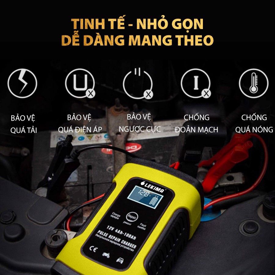 Bộ sạc bình ắc quy Foxsur 12V 100Ah cho xe ô tô