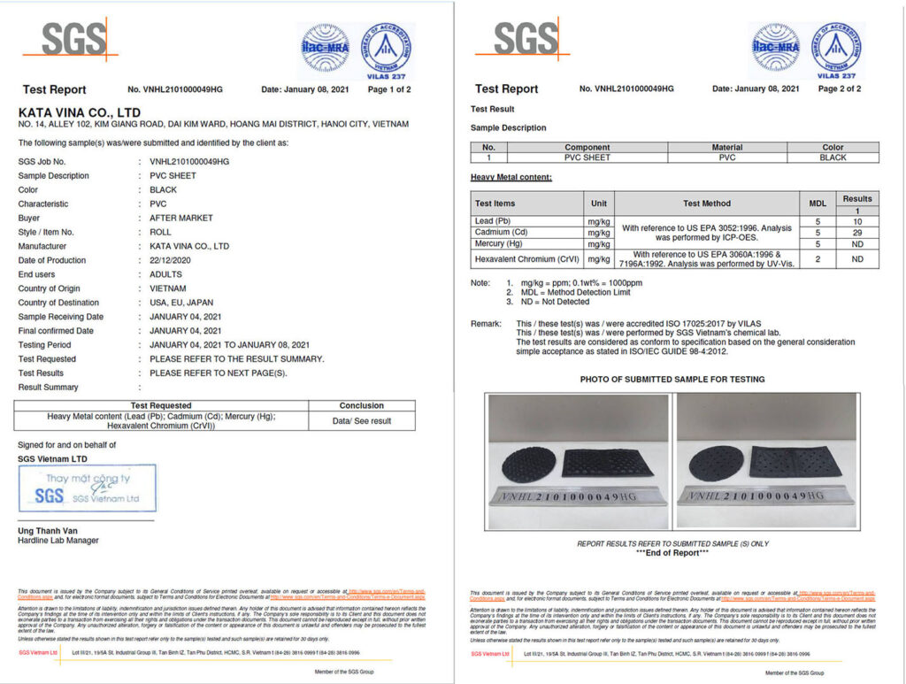 Chứng chỉ chất lượng SGS của thảm KATA