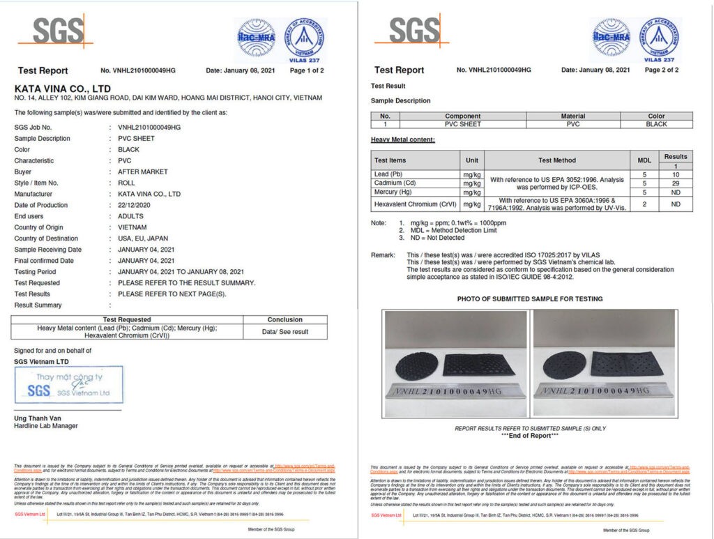 Chứng nhận SGS về chất lượng của thảm lót sàn KATA