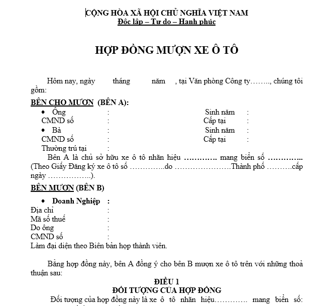 hdmx-1 Mẫu Hợp Đồng Mượn Xe Ô Tô: Hướng Dẫn Chi Tiết & Mẫu Chuẩn