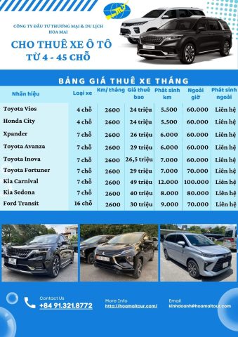 Bảng giá thuê xe ô tô theo tháng chi tiết