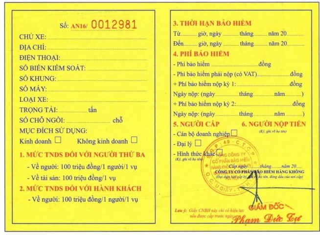 Mẫu giấy chứng nhận Bảo hiểm Trách nhiệm Dân sự Bắt buộc cho xe ô tô