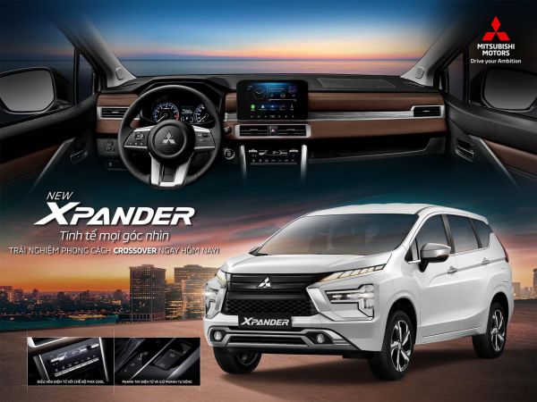 Mitsubishi Xpander màu trắng bạc, góc nghiêng phía trước, thể hiện thiết kế ngoại thất hiện đại