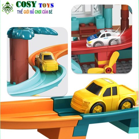 Chi tiết xe ô tô đồ chơi Lego trên đoạn đường ray, thể hiện tính năng lắp ráp sáng tạo