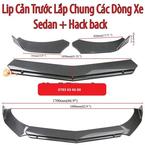 Lip cản trước thể thao màu đen bóng và carbon được lắp đặt trên xe sedan, nâng cao thẩm mỹ và bảo vệ cho phần đầu xe.